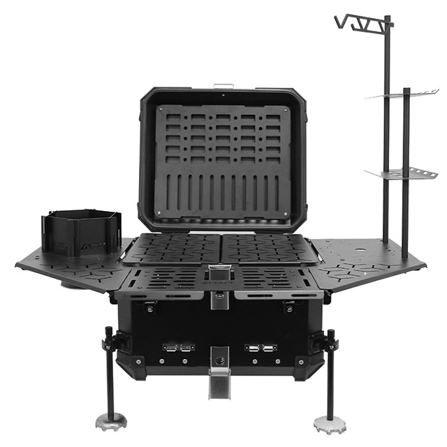 Outdoor Adventure Table With Storage - กล่องท้ายรถอเนกประสงค์ทำจากอลูมิเนียมอัลลอยด์ - โต๊ะพับสำหรับตั้งแคมป์กลางแจ้งแบบพกพา กล่องเก็บของทนทานสำหรับการเดินทางและการผจญภัย