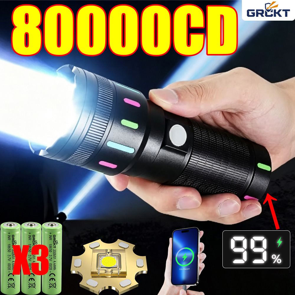 Outdoor Adventure Camp - ไฟฉาย LED กำลังสูง 80000CD ไฟฉายยุทธวิธีสำหรับการล่าสัตว์ ไฟฉายชาร์จได้