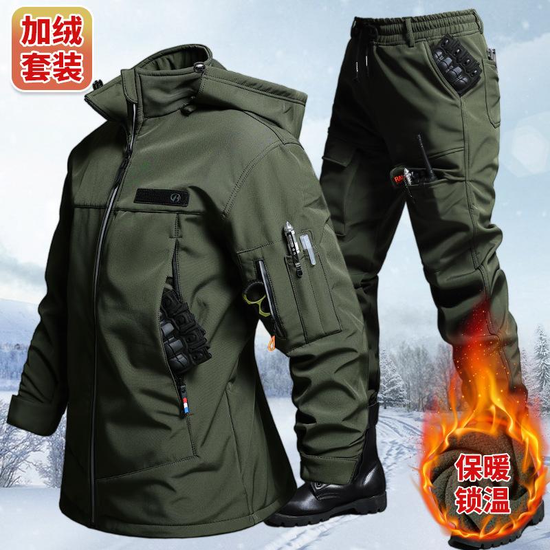 Outdoor Adventure Camp - ชุดเสื้อแจ็คเก็ตและกางเกงกำมะหยี่กันน้ำสำหรับฤดูใบไม้ร่วงและฤดูหนาว สำหรับผู้ชาย ขี่จักรยาน เดินป่า ตั้งแคมป์ เสื้อผ้าสำหรับการผจญภัย